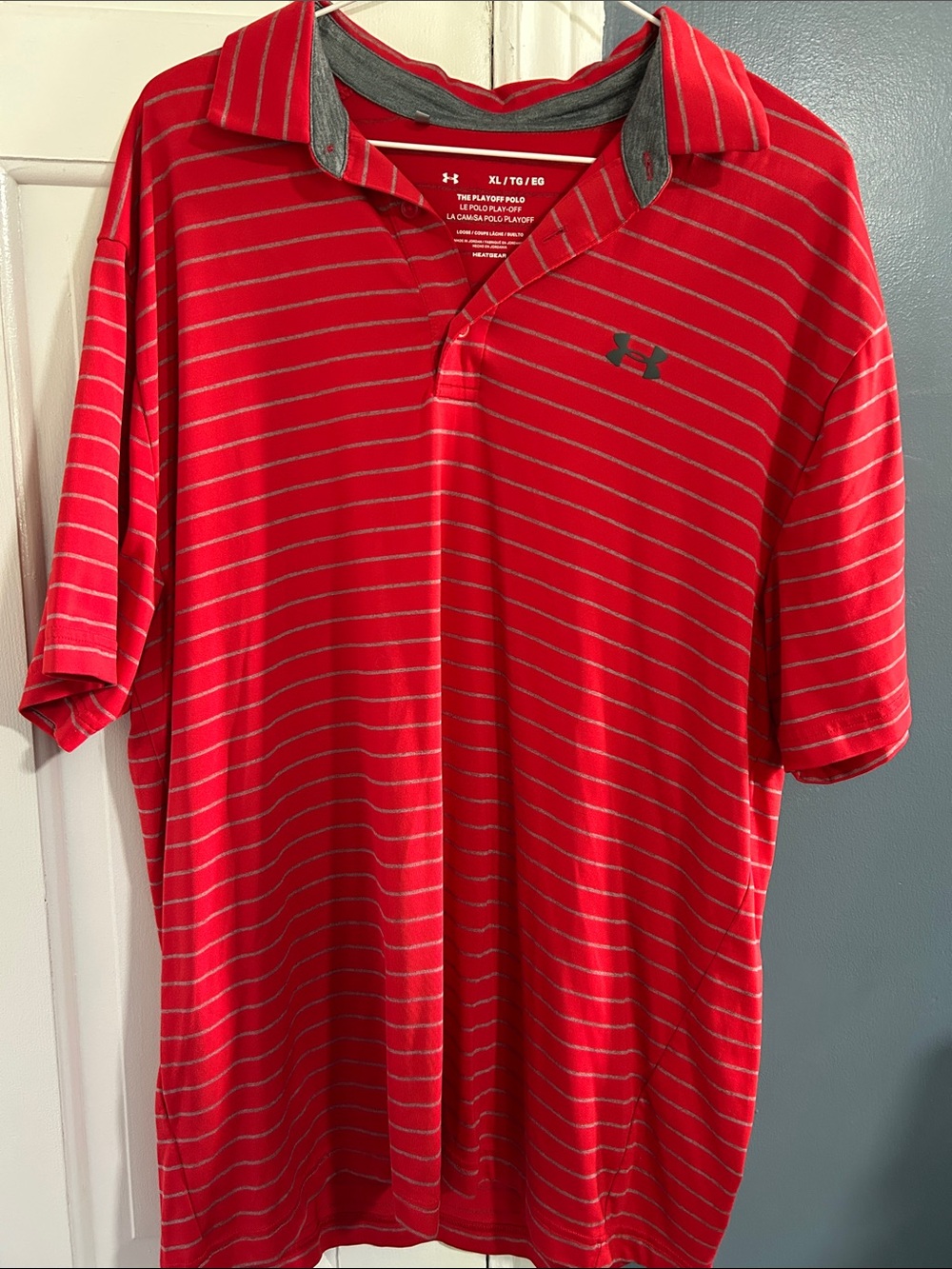 Under Armour Red Polo with Thin Gray Stripes